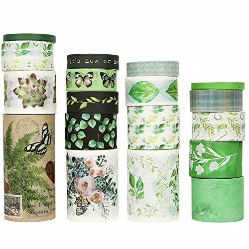 AEBORN Zöld Washi Tape Set - Vintage Virágos Washi Tape Virág, Pillangó, Kaktusz, Növény - Természet Esztétikai Díszítő Szalagokat