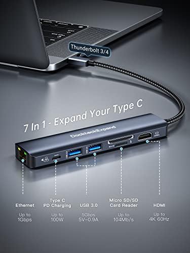 USB-C Hub Ethernet, DockteckExpand 7-in-1&10 az 1-ben Típus C-Hub 4K-60Hz HDMI,1 gbps Ethernet,100W PD,2 USB 3.0 Port,SD/TF