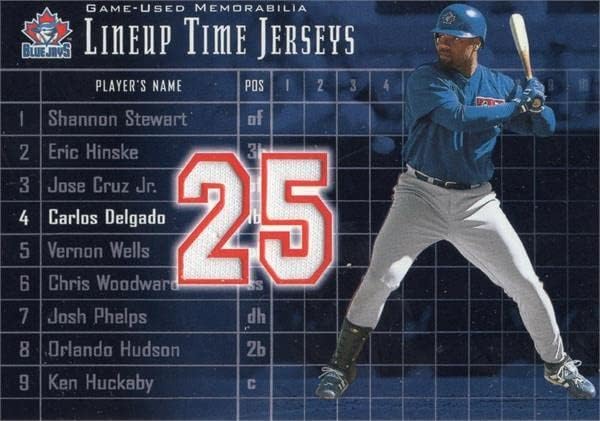 Carlos Delgado játékos kopott jersey-i javítás baseball kártya (Toronto Blue Jays) 2002 Felső szint Felállás Idő TLCD -