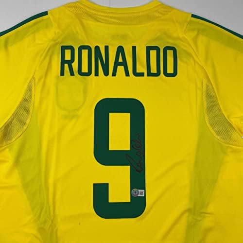 Dedikált/Aláírt Ronaldo Nazario Brazil Sárga Foci Mez Beckett BAS COA